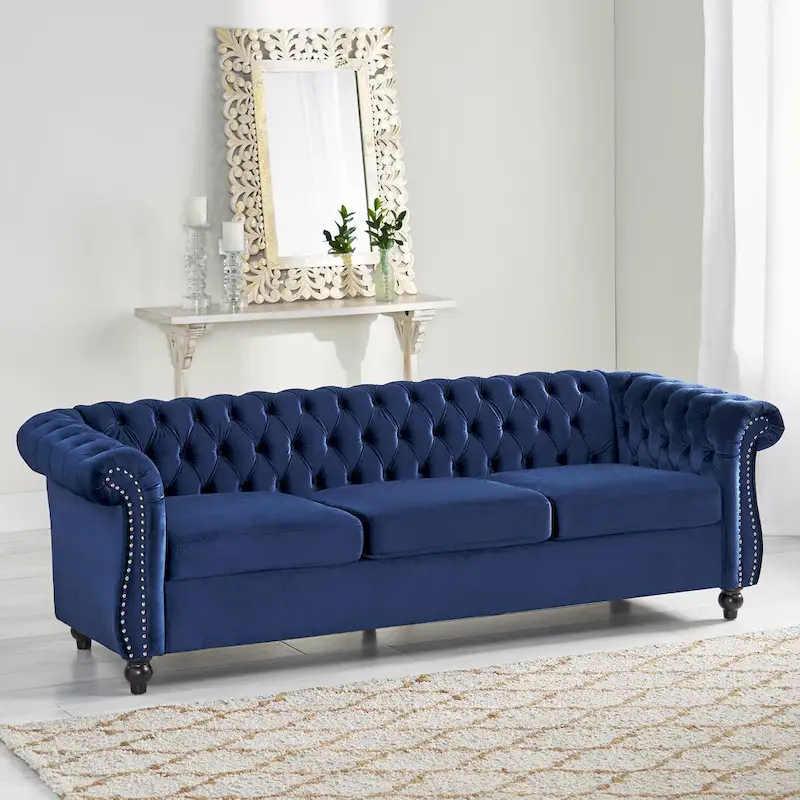 Blue 84.75 Chesterfield Button Tufted 3-Seater Sofa with Nailheads and Legs
