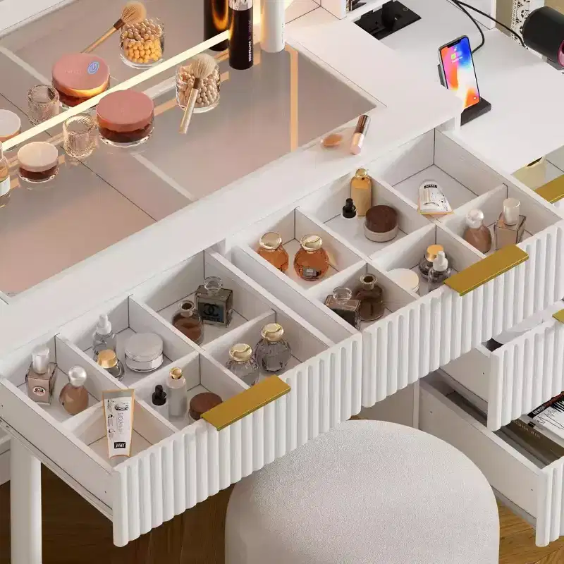 Fluted Makeup Vanity Desk with Lighted Mirror, 11 Drawers, Glass Top and Open Shelves for Girls' Rooms, White Finish