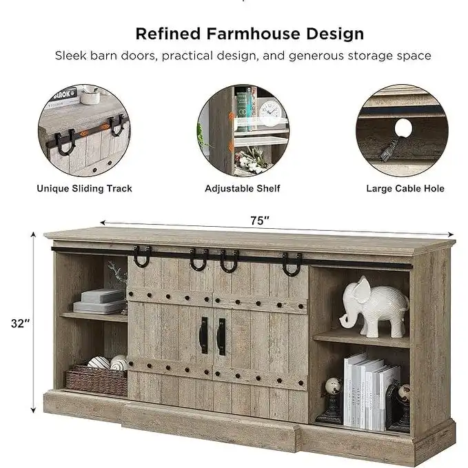 Modern Grey Sideboard Buffet Cabinet with 3 Drawers & Adjustable Shelves