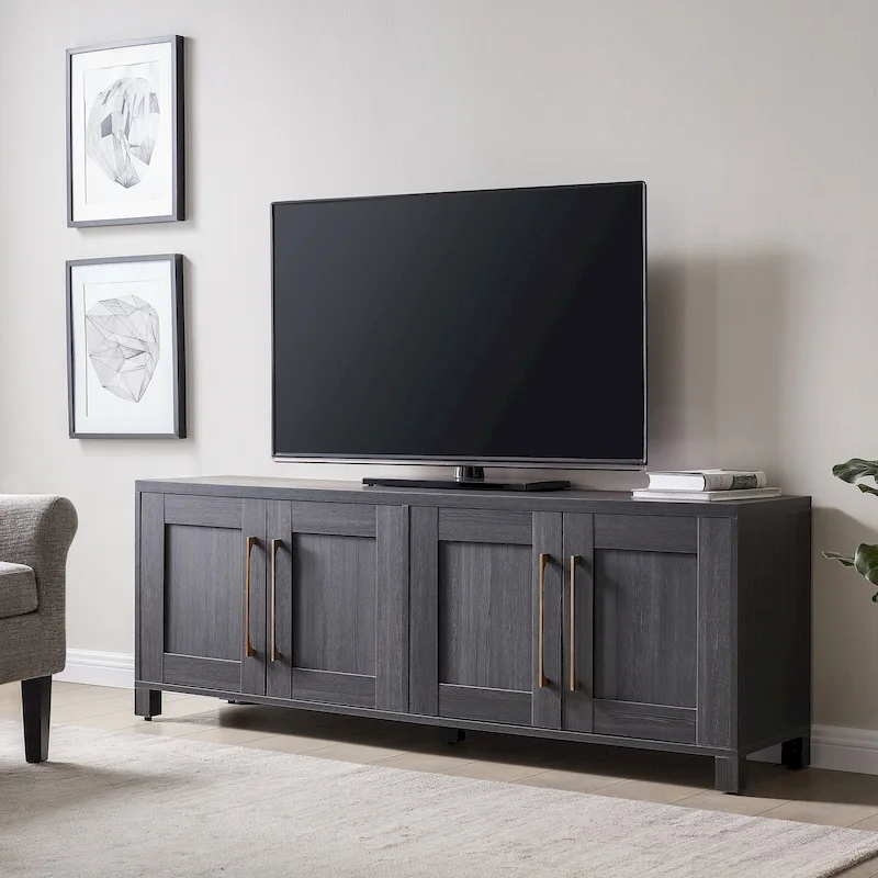 Rectangular TV Stand with 4-Door Enclosed Cabinets & Brass Hardware – 8 Finishes, Transitional Style, Single