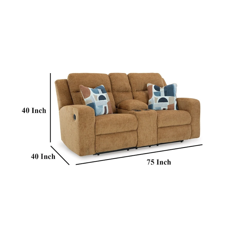 Damon Double Reclining Loveseat, Camel Brown Polyester, 2 Pillow