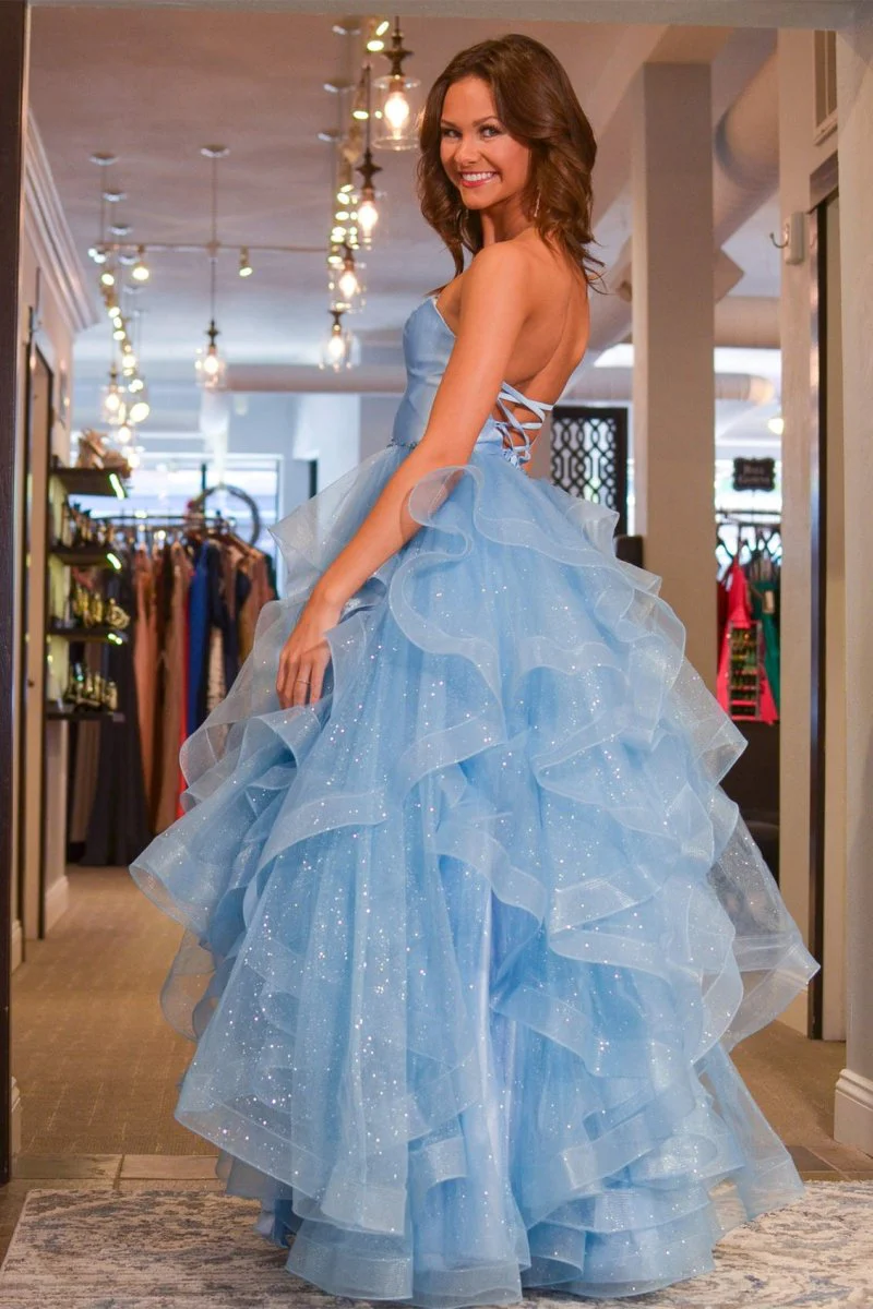 Princess Strapless Satin Glitter Tulle Prom Dress