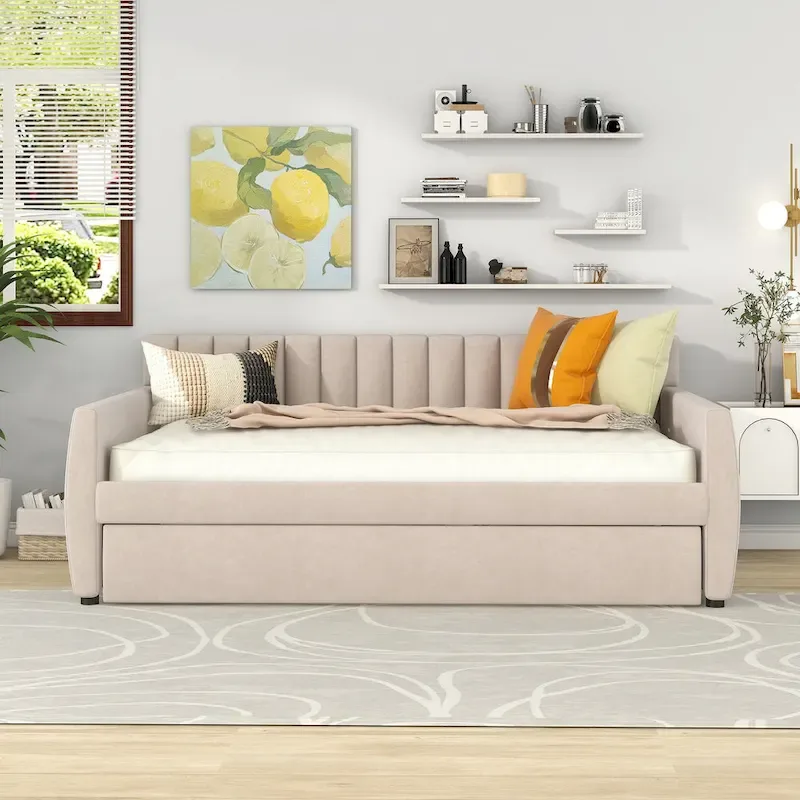 Full Velvet Daybed with Trundle & Wood Slats