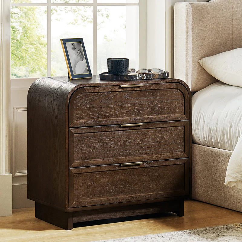 3-Drawer Arched Nightstand with Solid Wood Legs & Built-in USB Charging | Oak / Walnut / Black | Single