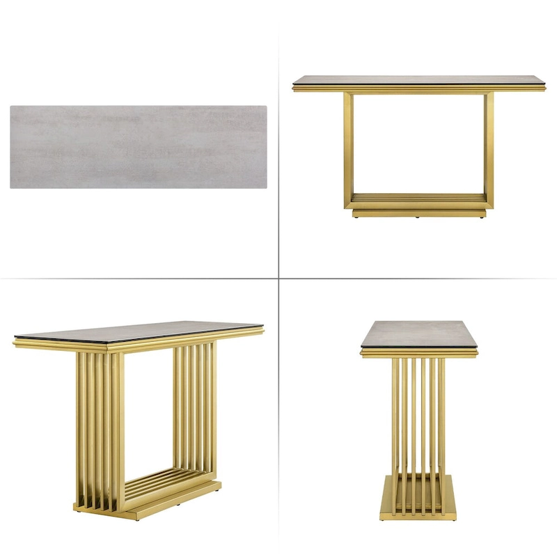 Glam 60 inch Rectangular Glass Console Table with Brushed Gold Stainless Steel Base