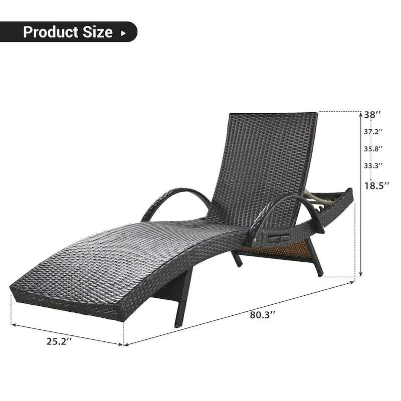 80 Wicker Chaise Lounge Chairs Set of 2,Patio Rattan Reclining Chair Pull-out Side Table Adjustable Backrest Ergonomic