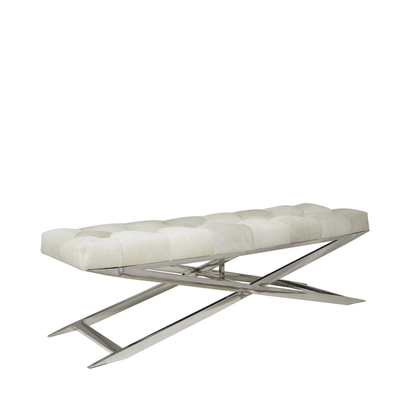 Leather Upholstered Tufted Home Bench with Silver Diagonal Base - Grey - Roche River Decor