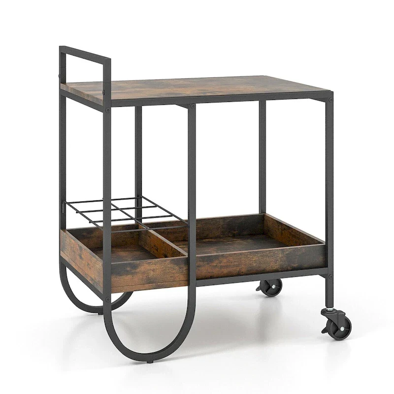 Rolling Buffet Serving Cart with Removable Metal Wire Wine Rack-Brown - 24 x 17 x 29 (L x W x H)
