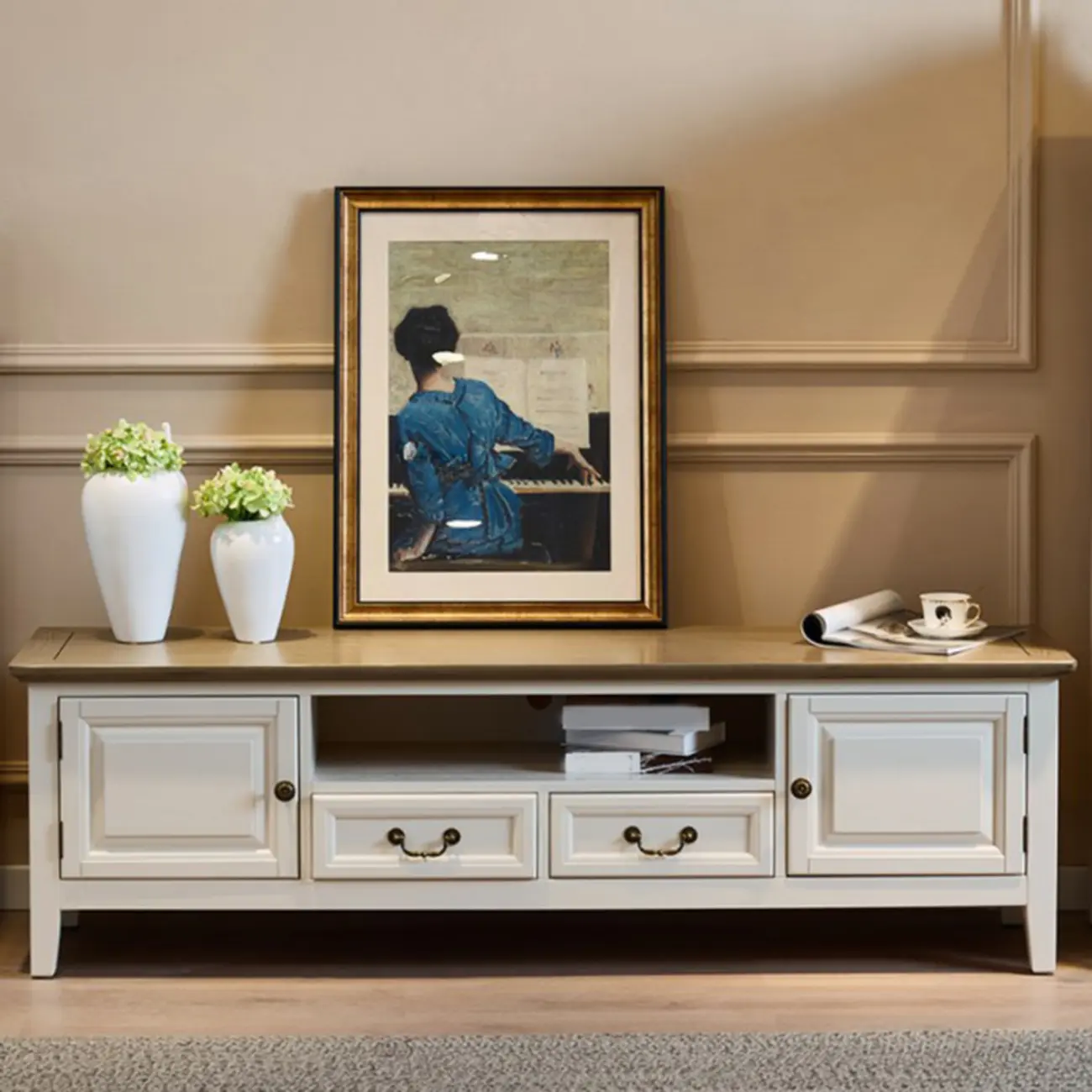 71 Coastal Wood Brown Cabinet Doors TV Stand with Legs