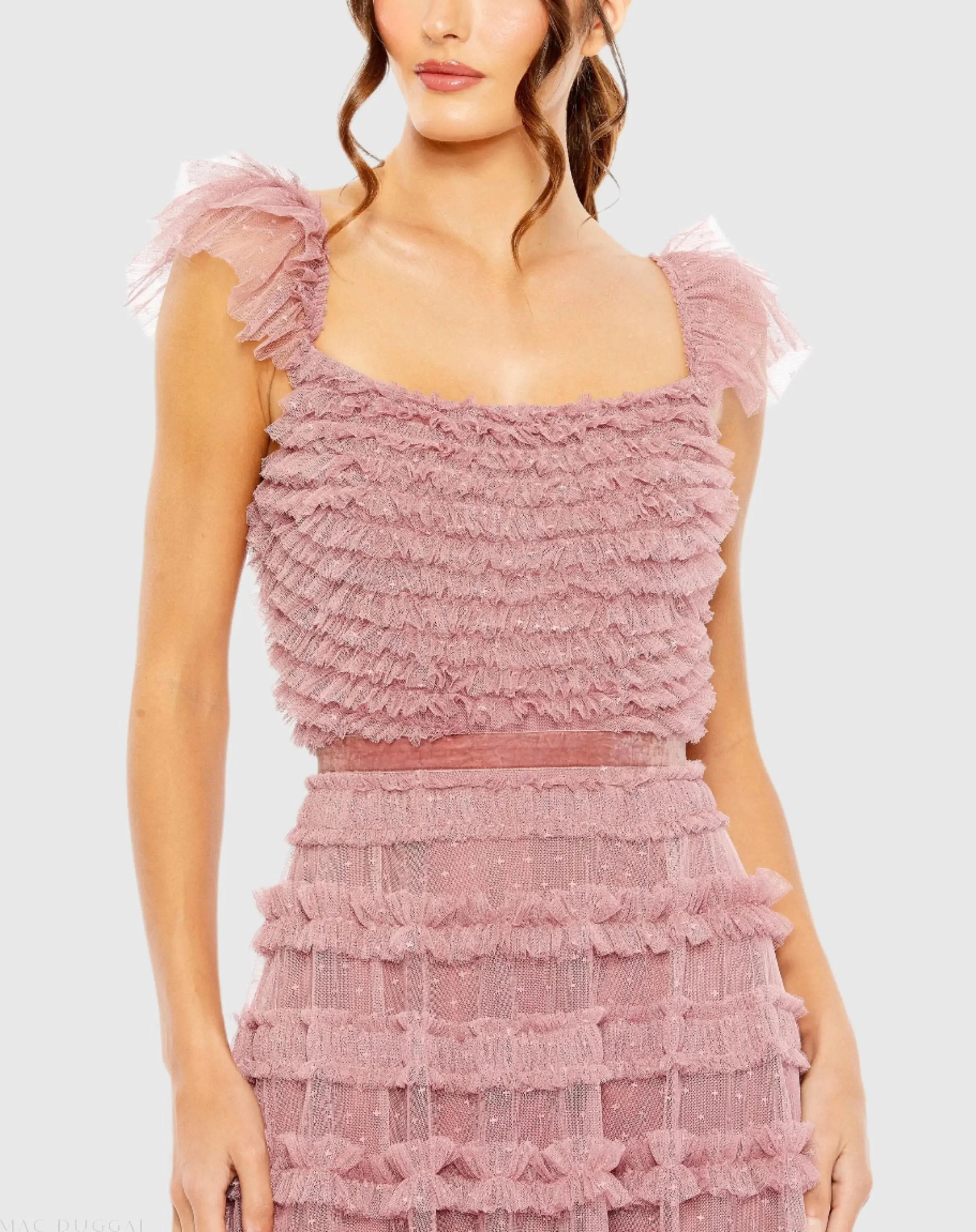 Pink Tiered Ruffle Cap Sleeve Gown