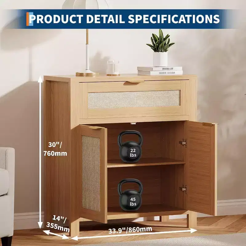 Rattan Sideboard Cabinet, Modern Farmhouses Storage Cabinet with Drawer & 2 Doors, Narrow Coffee Bar Buffet Cabinet for Kitchen Dining Room