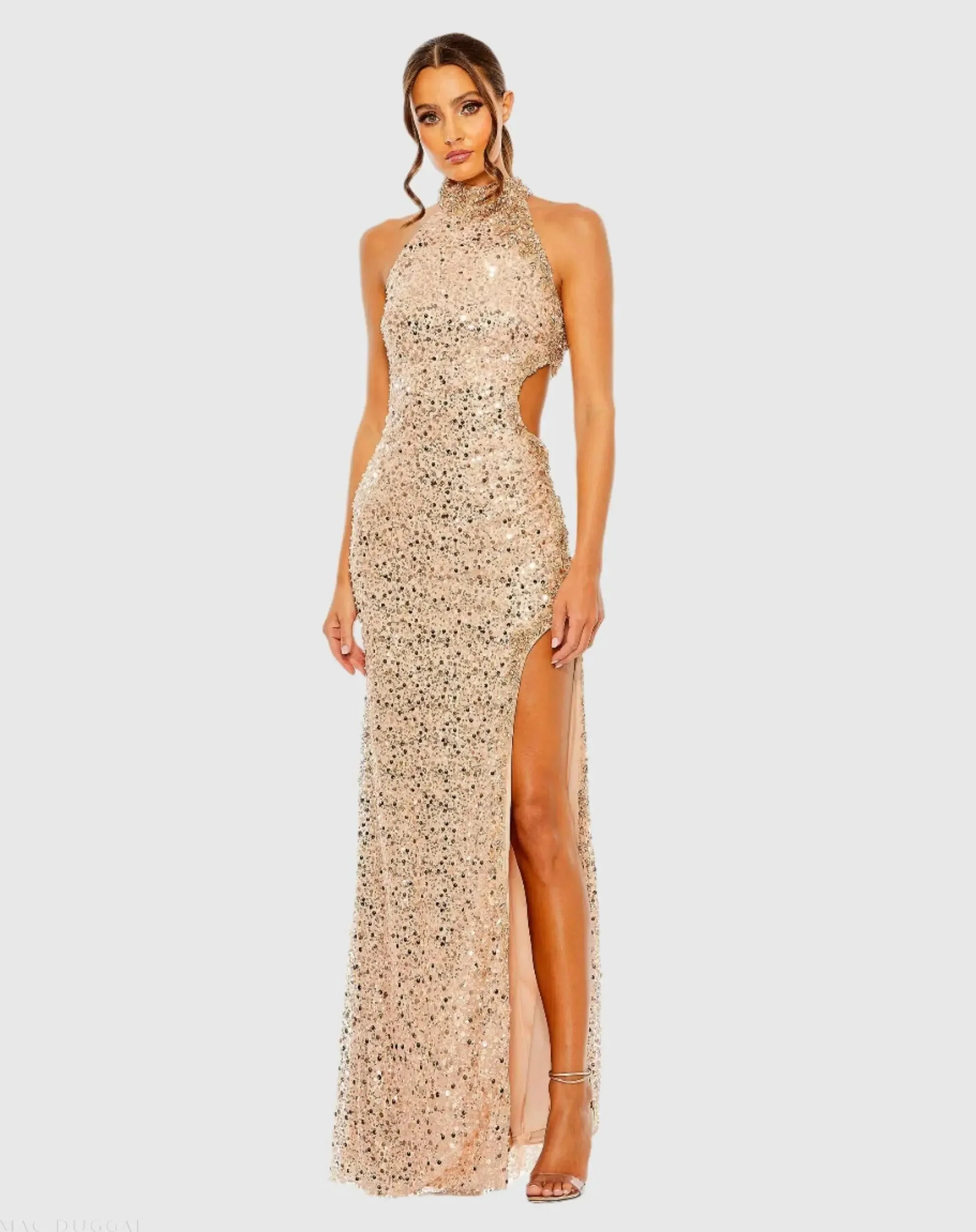Gold Side Cut Out High Neck Sequin Gown