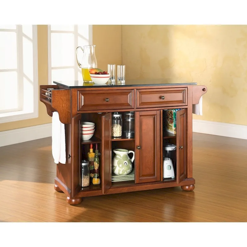 Alexandria Solid Black Granite Top Kitchen Island in Classic Cherry Finish - 18d x 51.5w x 34h