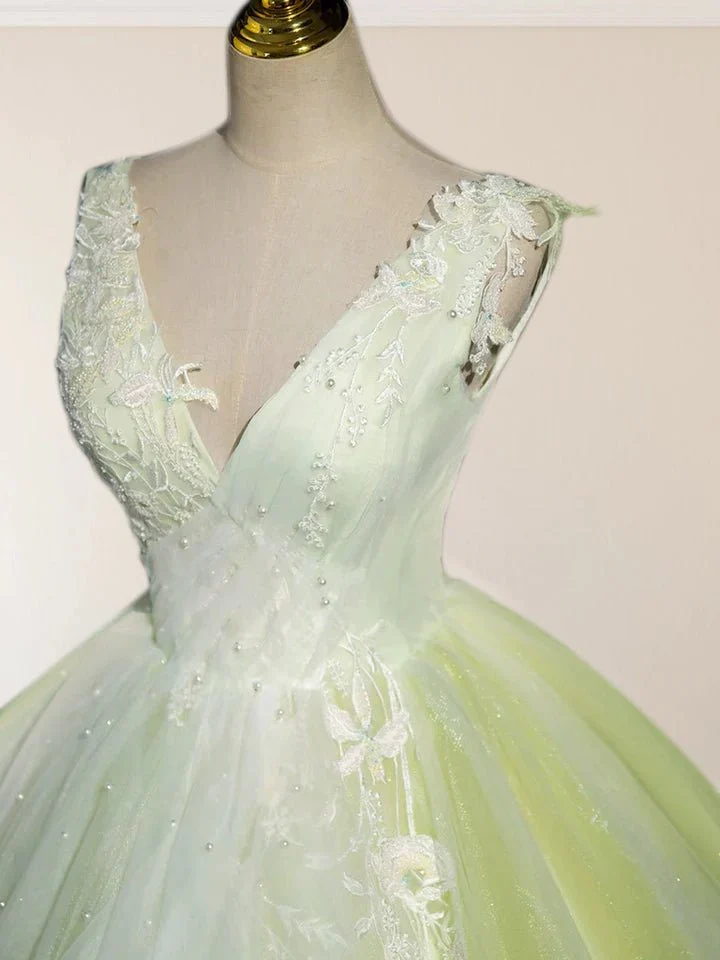 A-Line V Neck Tulle Sage Green Long Prom Quinceanera Dresses