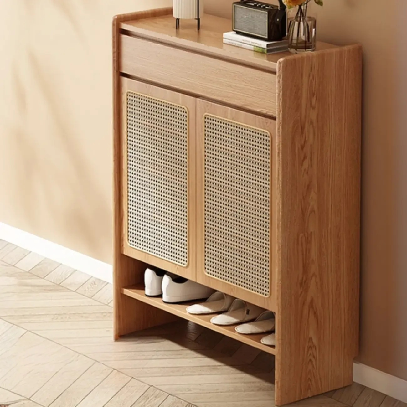 Boho Rattan Oak Shoe Cabinet Natural Storage