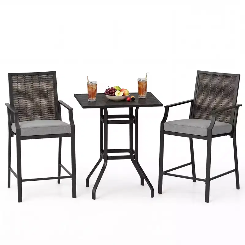 Gymax 3PCS Outdoor Bar Set High Top Patio Bar Table & Rattan Wicker Chairs w/Cushions