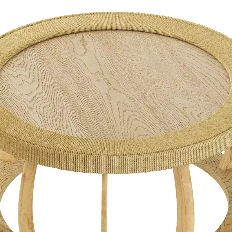 GDFStudio Olumide Bohemian Wooden Round Coffee Table with Curved Legs and Rattan Design