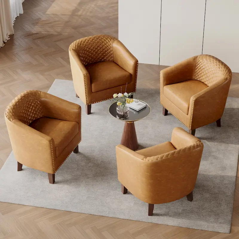 Modern Faux Leather Barrel Accent Chair with Wood Legs