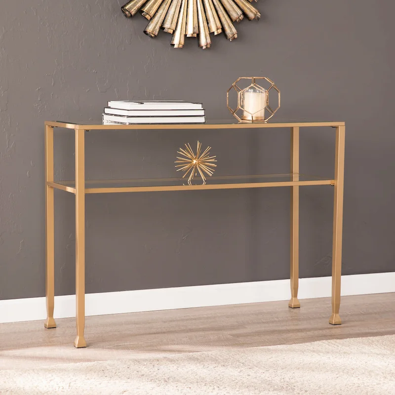 SEI Furniture Price Matte Gold Metal Console Table with Shelf and Tempered Glass