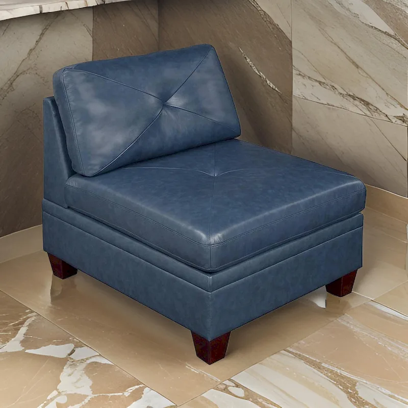 37 Inch Modular Armless Sofa Chair, Blue Faux Leather, Solid Wood