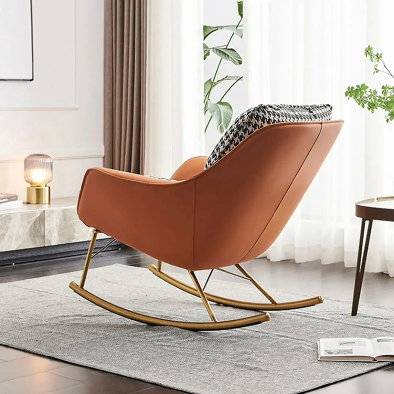 Houndstooth Upholstered Rocking Chair with Track Arm