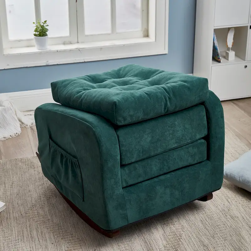 Antique Green High-Back Fabric Accent Chair with Curved Arms, Solid Wood Legs & Side Pockets, 1-Person