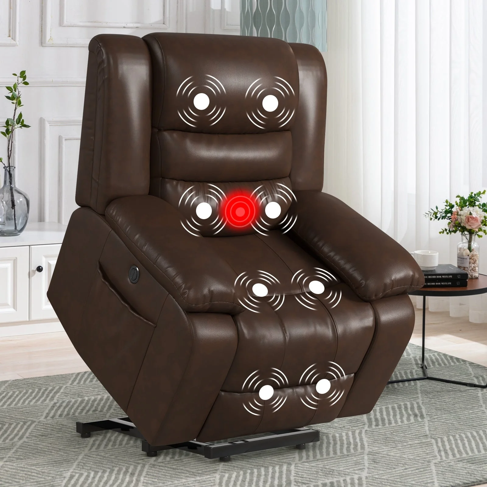 Leather Lift Recliner Chair With Dual Motor, Oversized Power Recliners With Electric Massage Heating