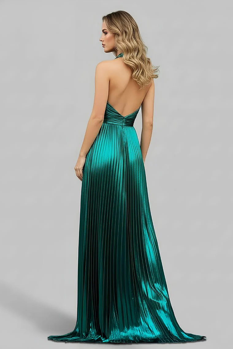 Peacock Blue Halter Neck A-Line Long Prom Dress With Split