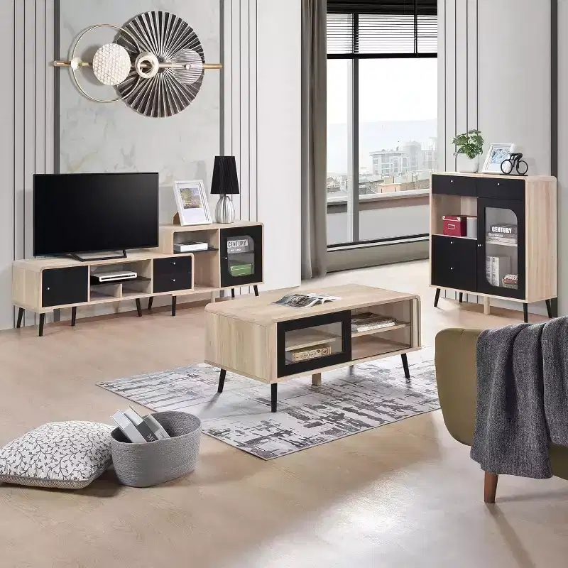 Kings Brand Furniture Nathan 3-Piece Living Room Set with TV Stand, Coffee Table & Sideboard Cabinet, Modern Farmhouse Style, Oak/Black