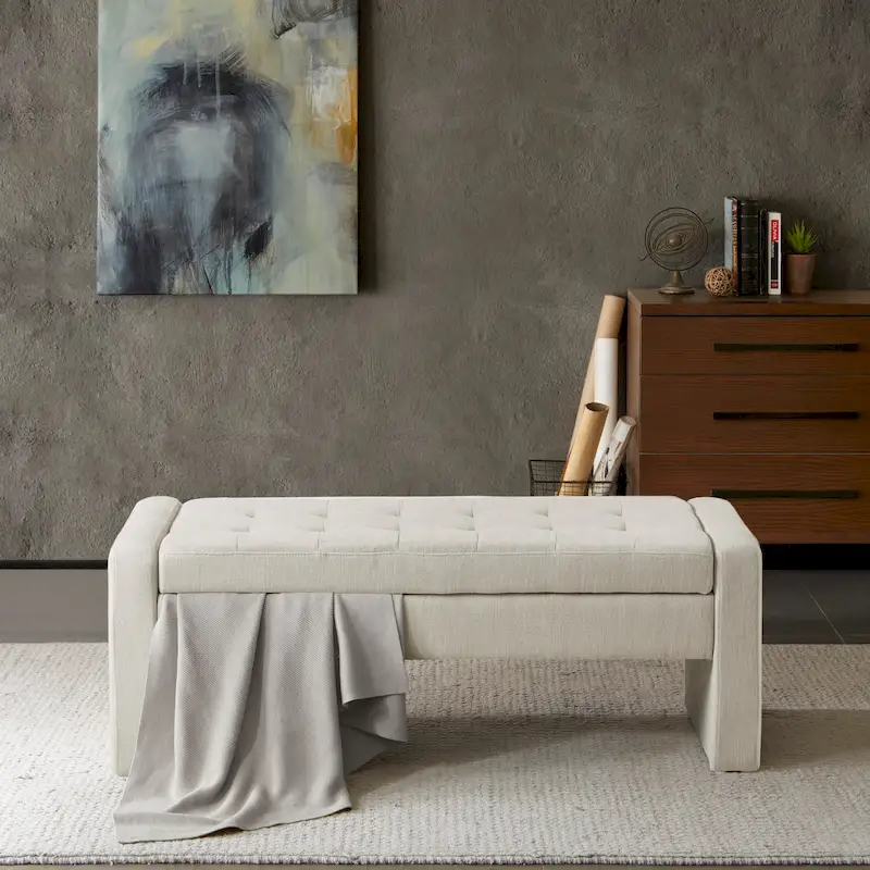 Cream Upholstered Button-Tufted Storage Bench with Soft-Close Lid, Seats 1