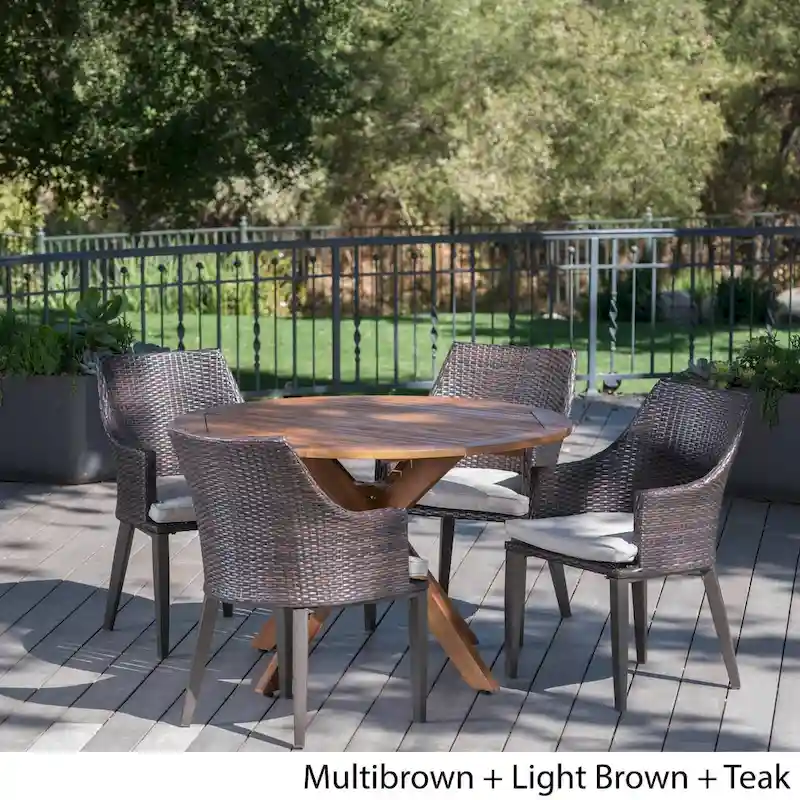 Ryan Outdoor 5-piece Round Wicker Wood Dining Set with Cushions by Christopher Knight Home