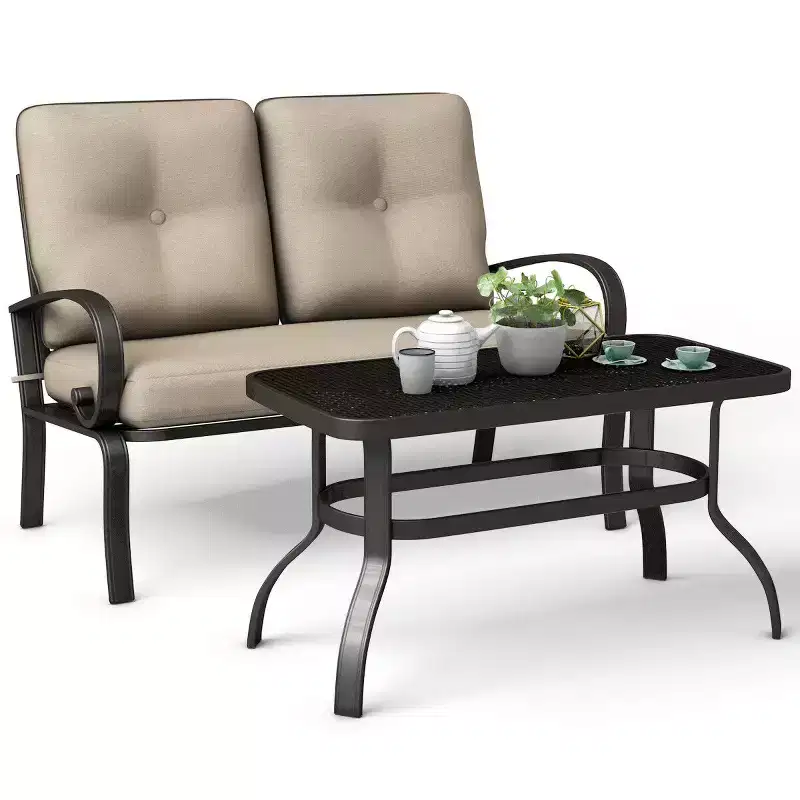 Costway 2 Pcs Patio LoveSeat Coffee Table Set Furniture Bench With Cushion