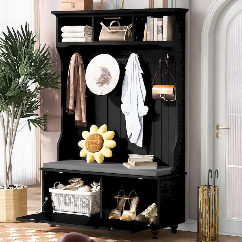 White/Black MDF Hall Tree with Cushioned Bench, 4 Hooks, 3 Cubbies & 2 Cabinets