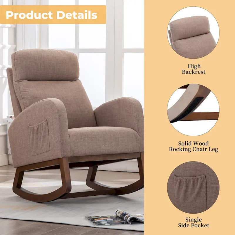 Modern 27 Upholstered Rocking Chair with Wood Legs and Side Pocket