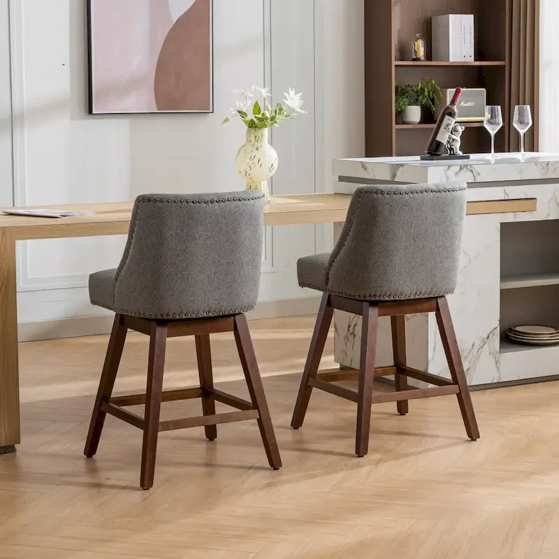 Counter Height Swivel Bar Stools Set of 2, Upholstered Fabric Counter Kitchen Island Barstools with Back, Solid Wood Legs