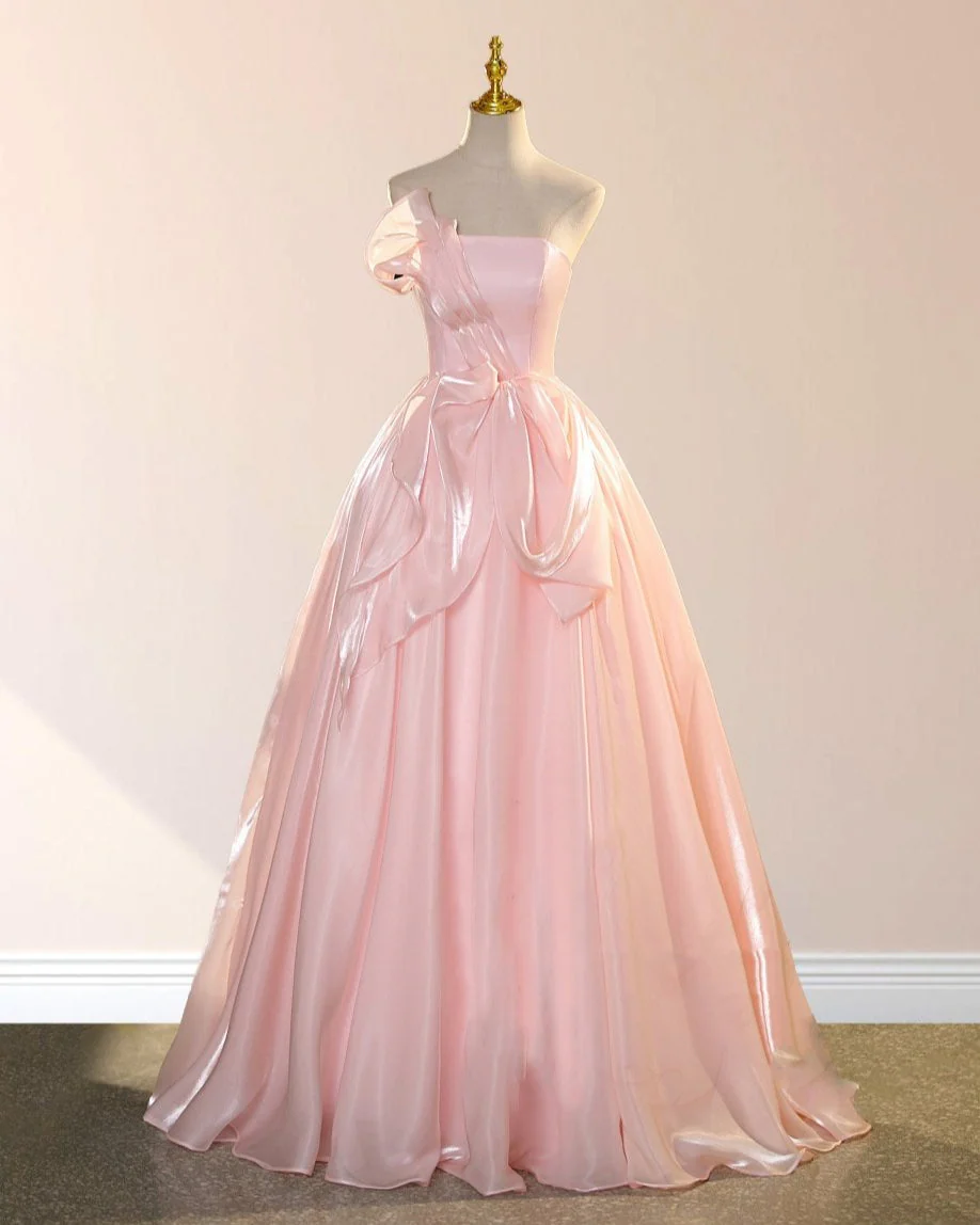 Elegant Shiny Pink Organza Strapless Quinceanera Dresses