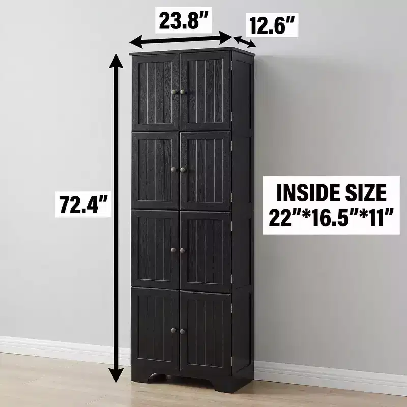 JVNOXK 72.4 Black Freestanding Tall Storage Cabinet with 8 Doors & 4 Shelves