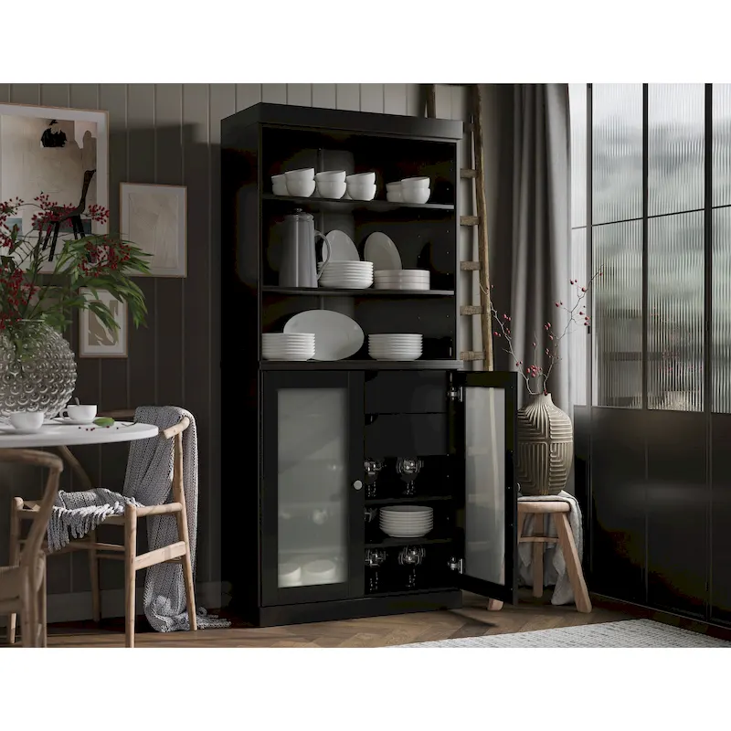 Solid Wood Pantry Cabinet with Frosted Glass Doors & 2 Drawers – 9 Colors, Single Unit
