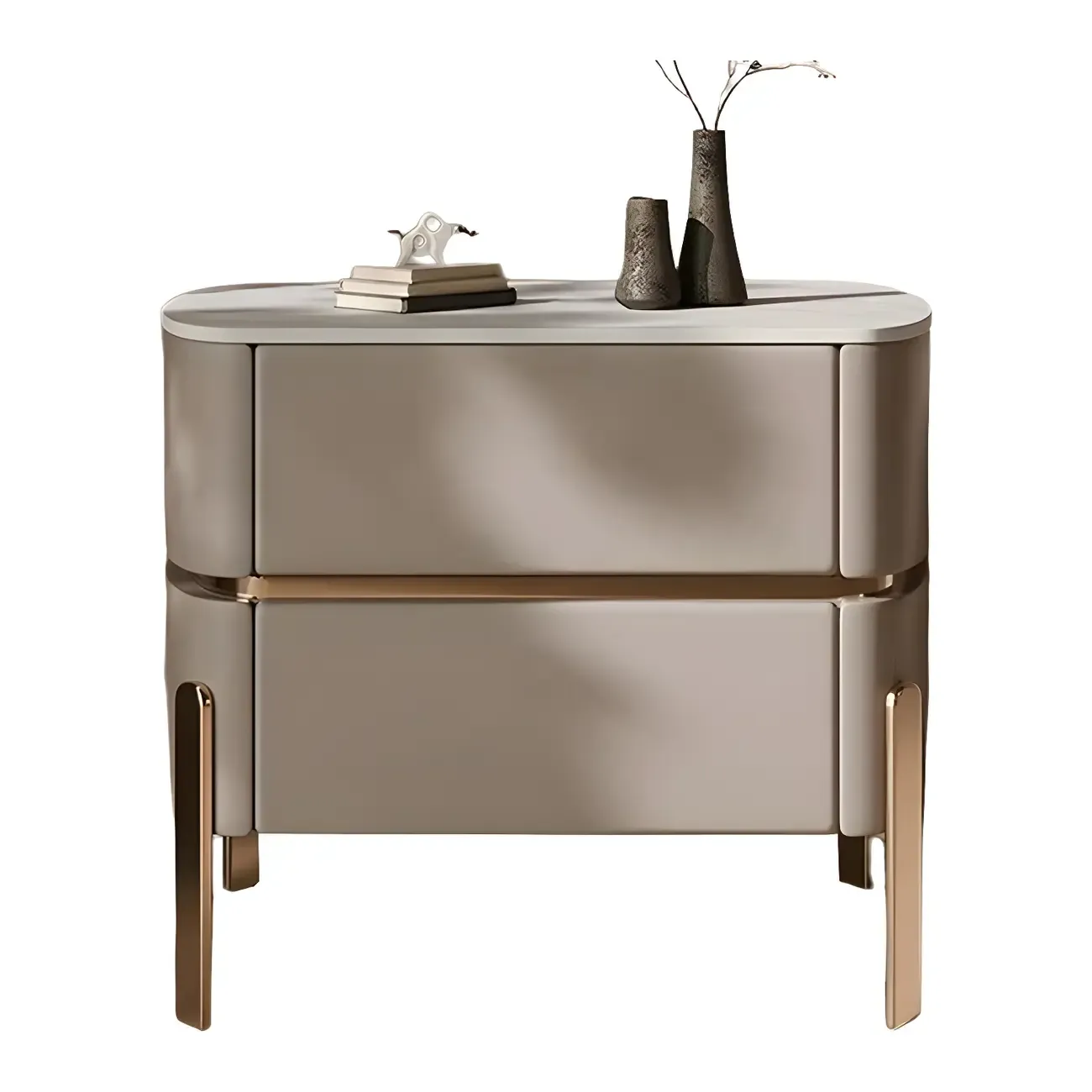 Glam Beige Leather Stone Top 2-Drawer Nightstand