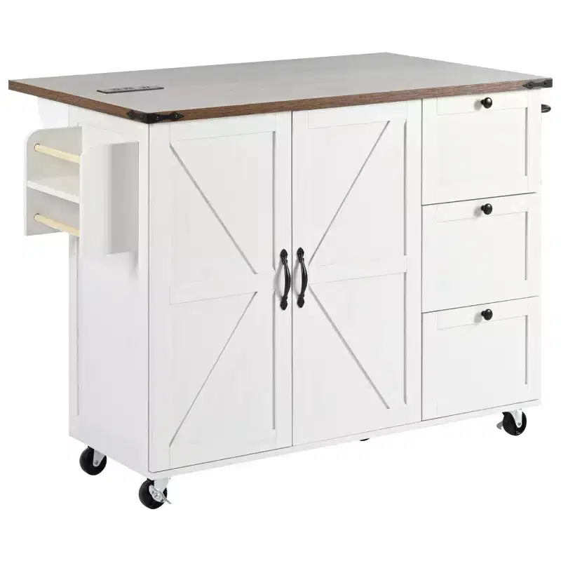 sumyeg 54.5 Rolling Kitchen Cart with Drop Leaf, Power Outlet, Spice Rack and Ample Storage