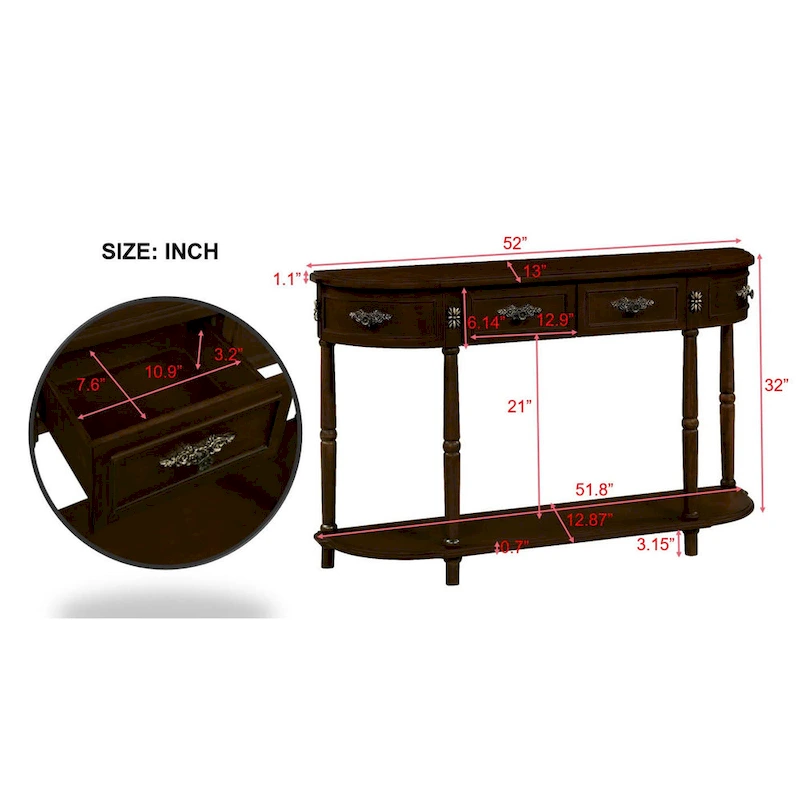 52 inch Circular Half Moon Sofa Table with Open Shelf and 2 Drawers