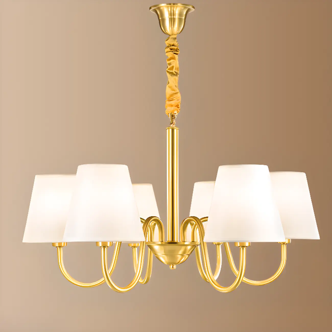 Modern Brass Hanging Chandelier with Fabric Shade