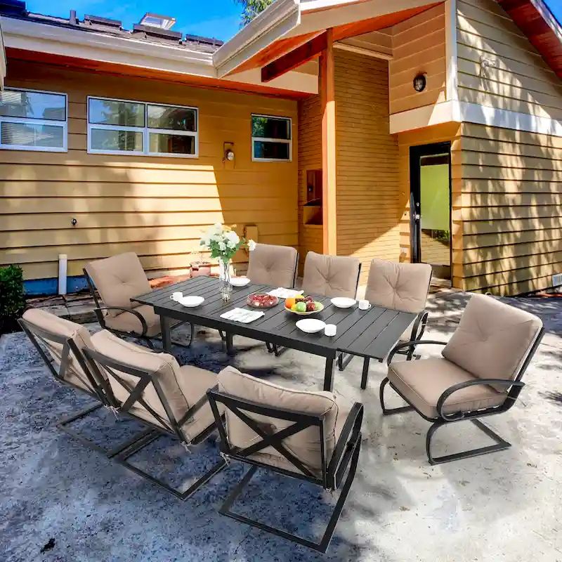MAISON ARTS 9-pc. Outdoor Dining Set w/ Expanding Rect. Table and 8 Cushioned Spring Motion Chairs