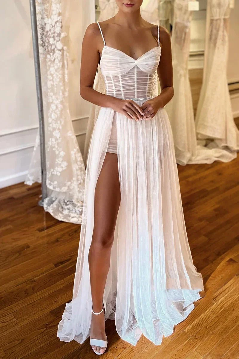 Spgahetti Straps Pleats High Split Bohemian Wedding Dress