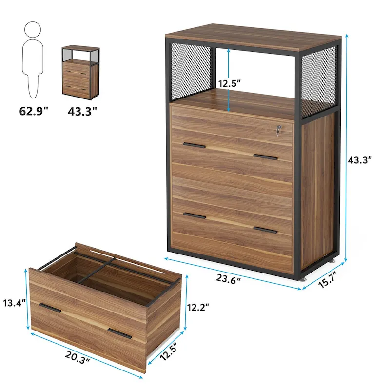 Walnut Black 2-Drawer Lateral File Cabinet with Open Shelves