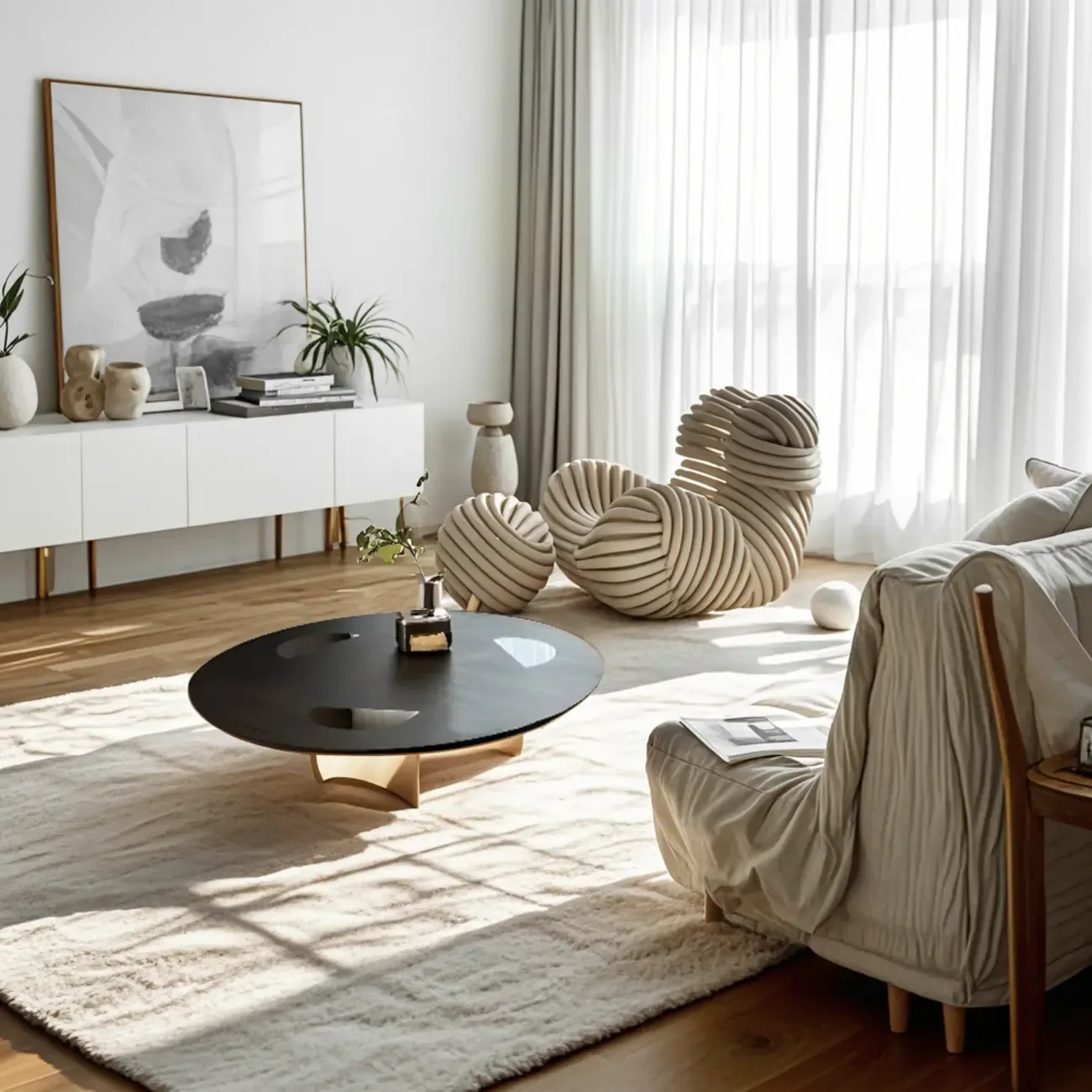 Glam Wood Black Round Table with Abstract Tripod Base