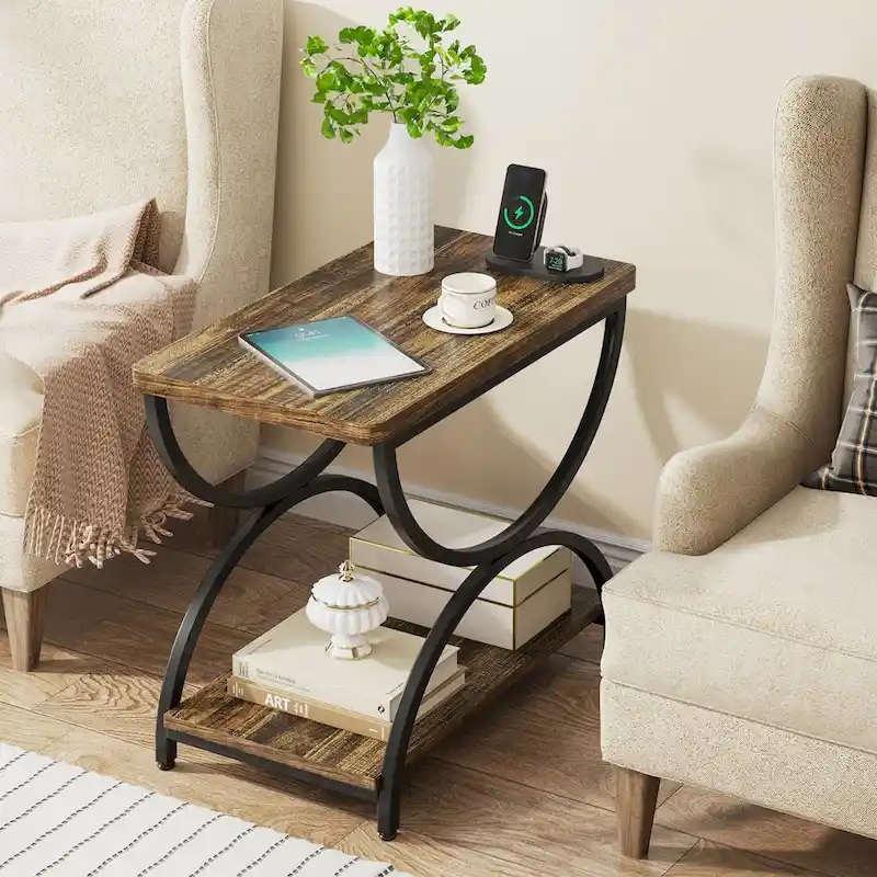 2-Tier RectangularWood Metal End Side Accent Table Nightstand