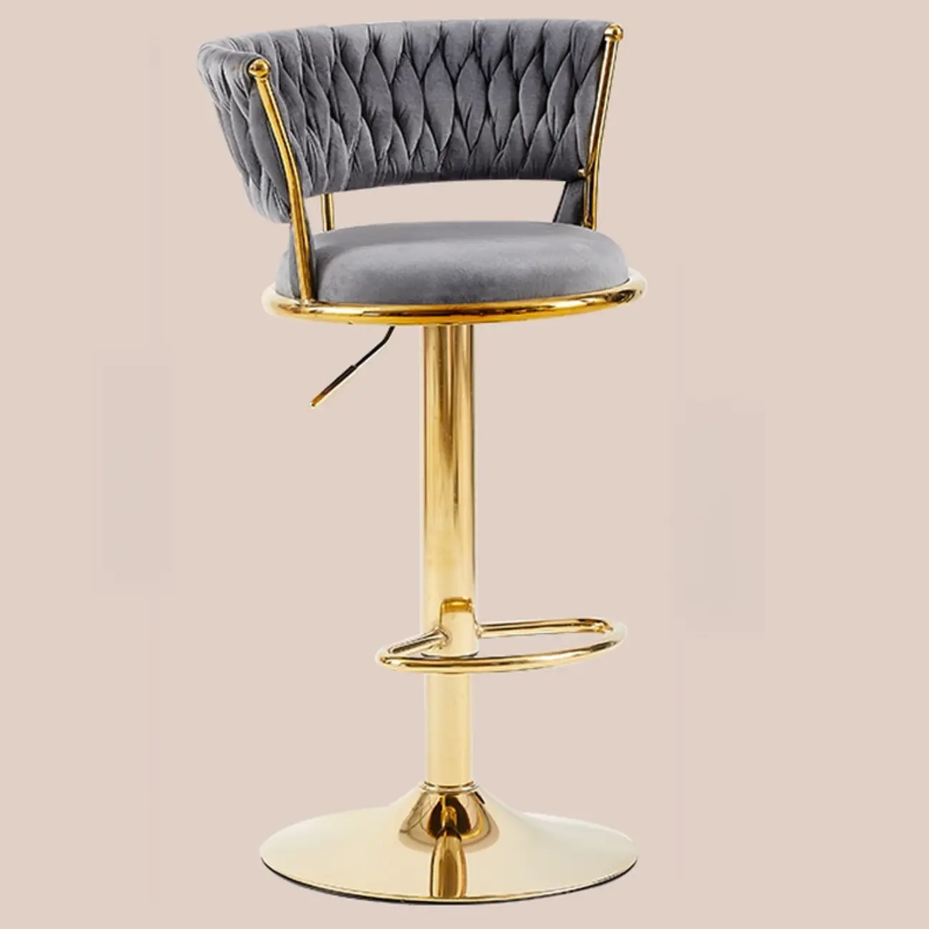 Adjustable Flannel Curved Back Bar Stools with Gold Base