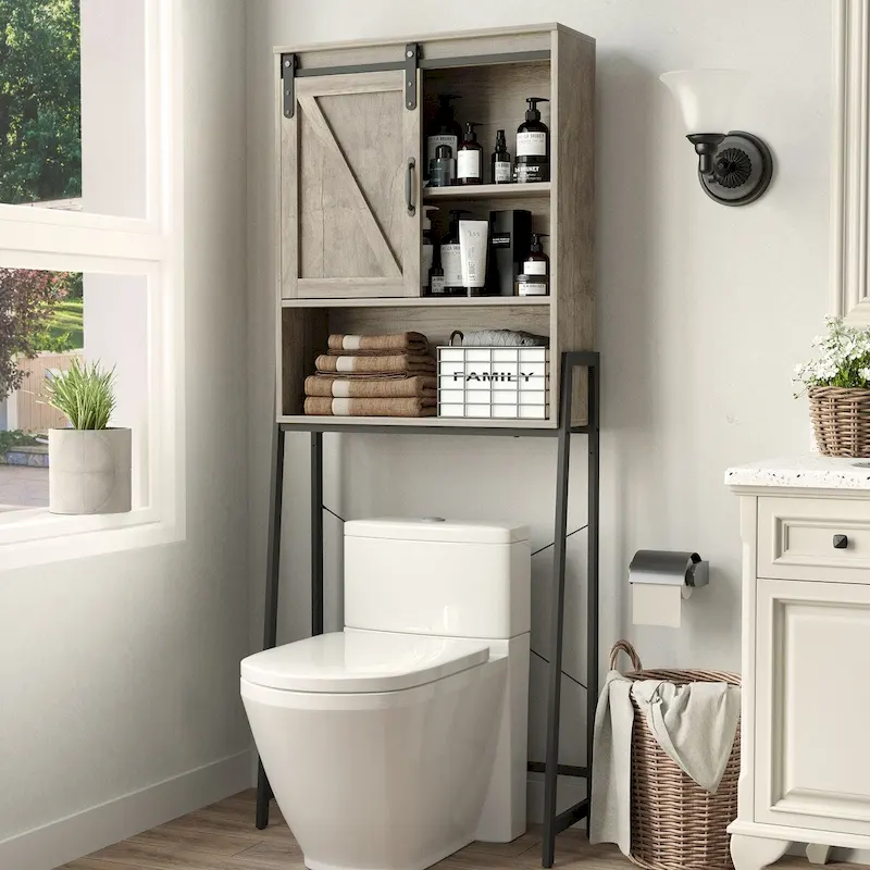 Over The Toilet Storage Cabinet, Bathroom Organizer with Sliding Barn Door & Adjustable Shelves, Storage Rack - See Picture