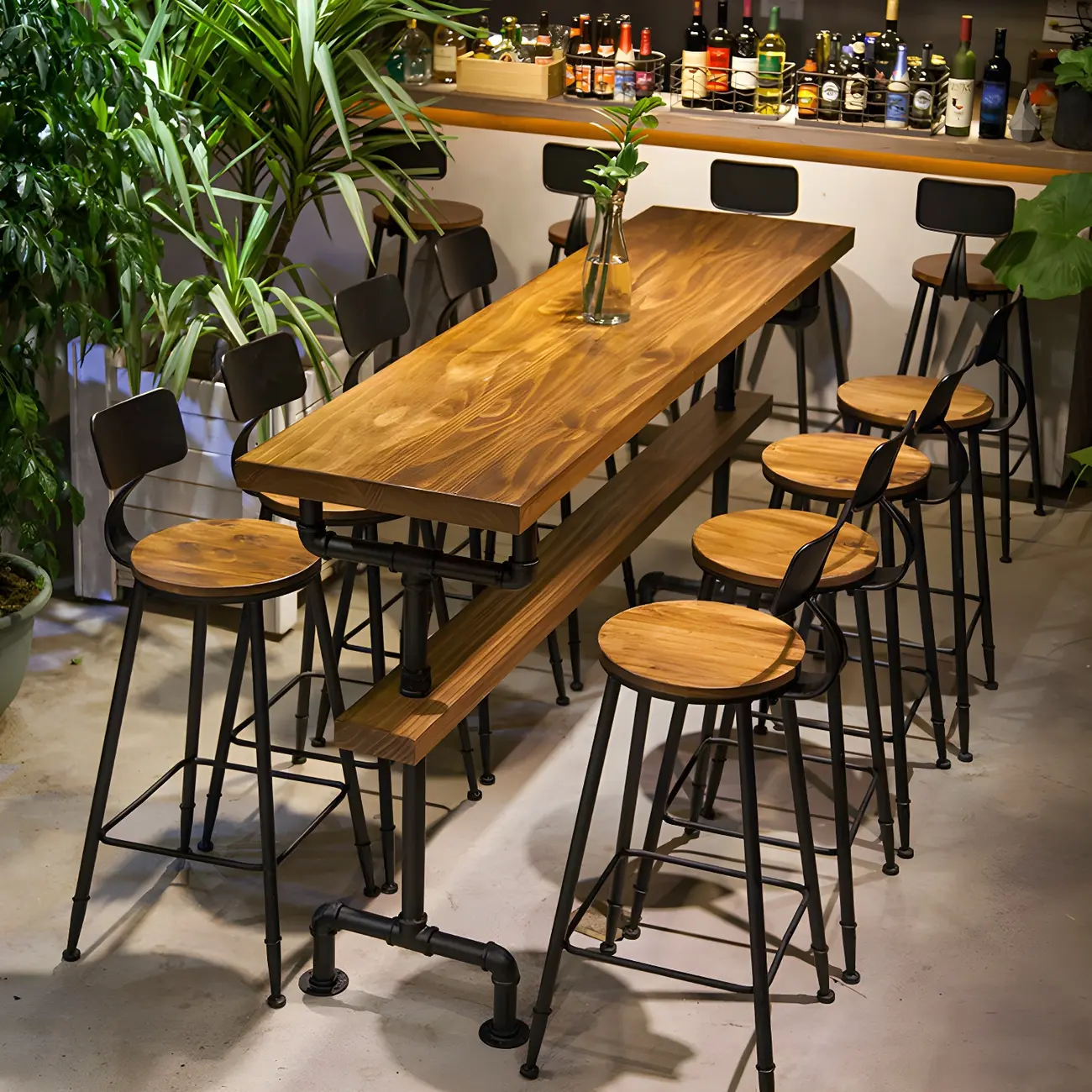 Rectangular Brown Pine Wood Bar Table with Footrest